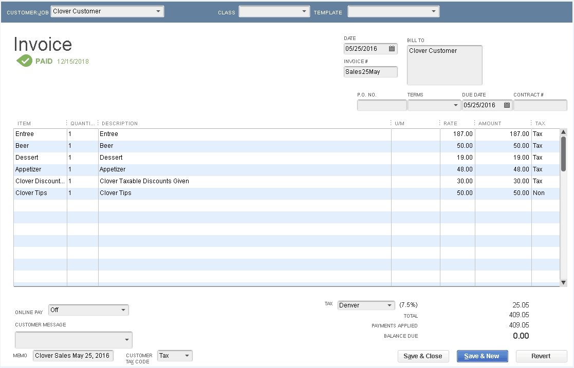 How The Invoice Appears In Quickbooks Desktop For Clover